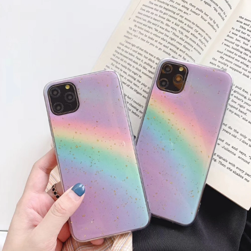 Мягкий силиконовый чехол для iphone 11 XR X XS Max блестящий Радужный Pro 8 7 6 6sPlus SE с золотой