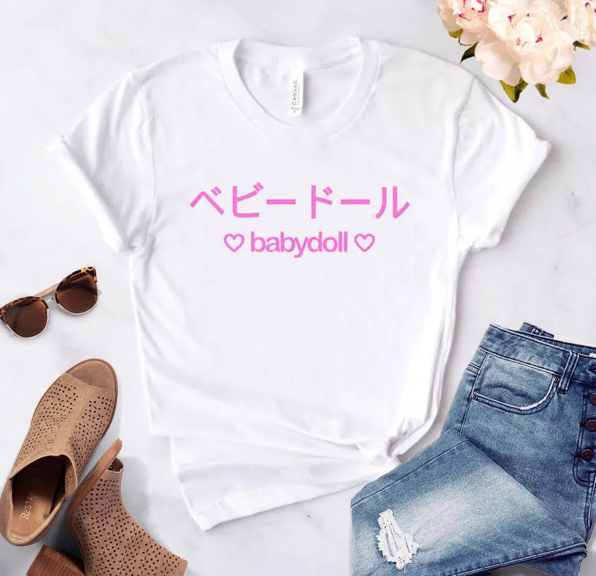 Babydoll, японская, розовая, с буквенным принтом, женская футболка, повседневная, хлопок, хипстер, забавная футболка для девочек, топ, футболка, 8 цветов, Прямая поставка, BA-201 - Цвет: white-pink letter