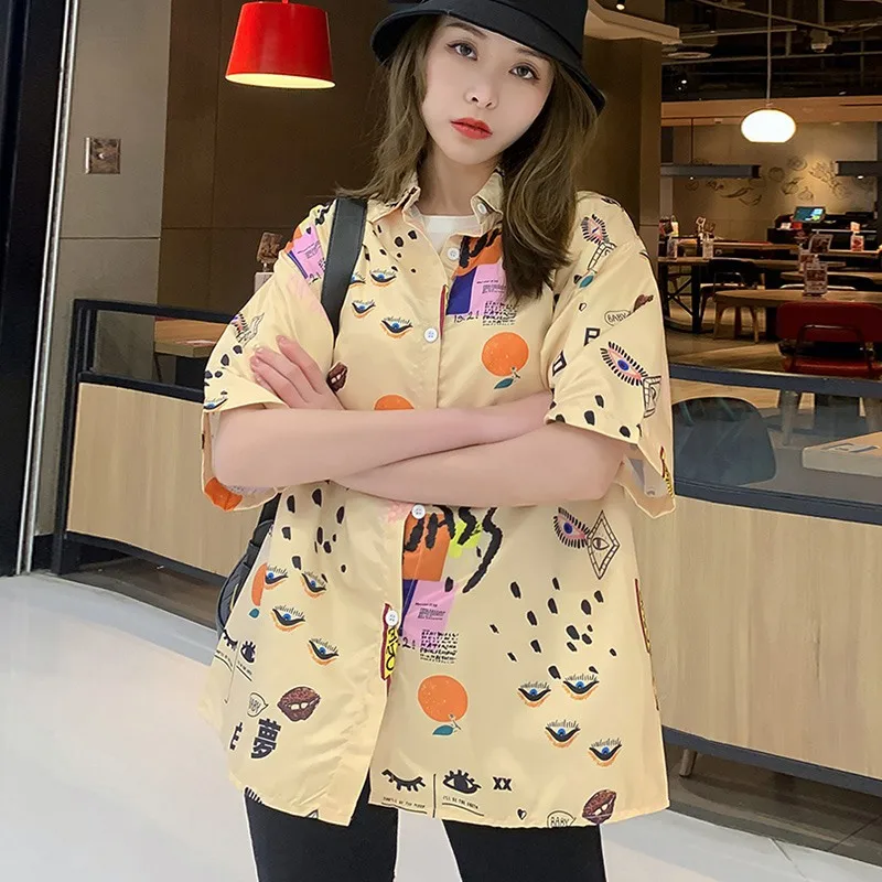 

Summer New Short Sleeve Shirt Fashion Casual Cartoon Print Women Blouse Loose Turn-down Collar Button Tops Apricot New