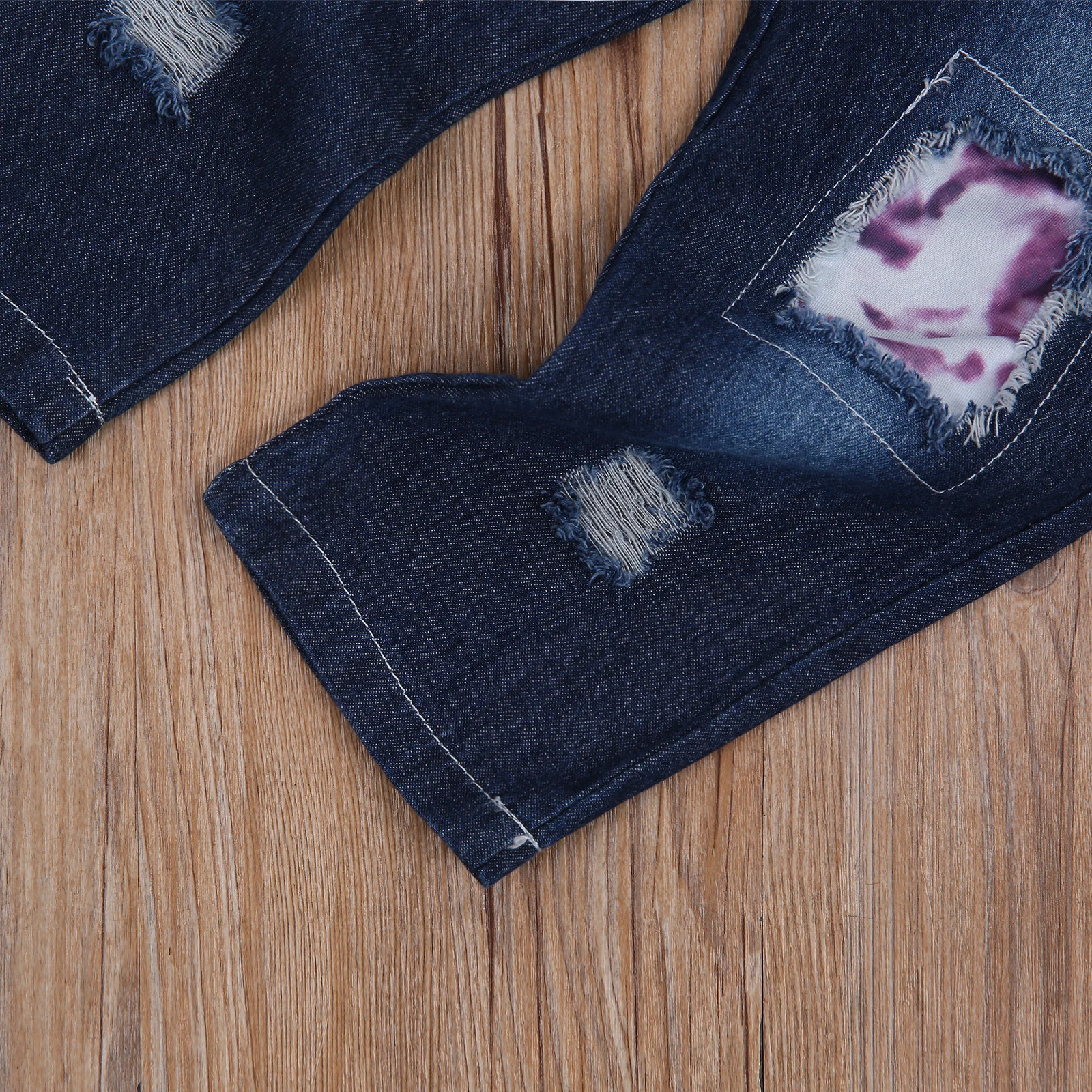 

Childrens Long-sleeved and Trousers Suit Fashion Tie-dye Round Neck T-shirt and Elastic Patchwork Jeans
