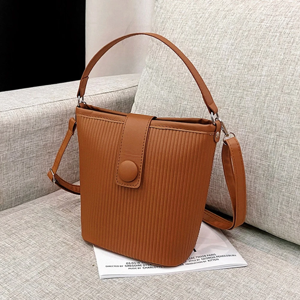 

Vintage Women's Bag Stripes Embossing Pure Color PU Leather Shoulder Bag Casual Bucket Crossbody Bags Small Zipper Purse Handbag