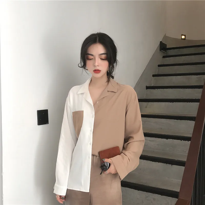 Блузка Woherb Женская в Корейском стиле контрастная рубашка Харадзюку элегантный