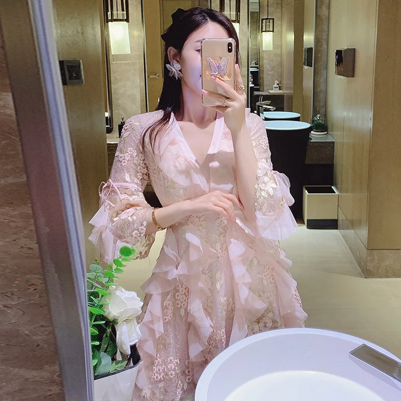 

Роскошное кружевное праздничное платье 3/4 с расклешенными рукавами и высокой талией, элегантное винтажное летнее розовое платье с оборками...