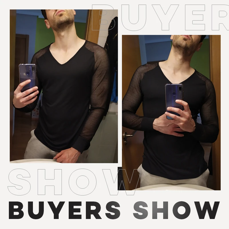 Футболка мужская сетчатая с V-образным вырезом модный топ в стиле пэчворк