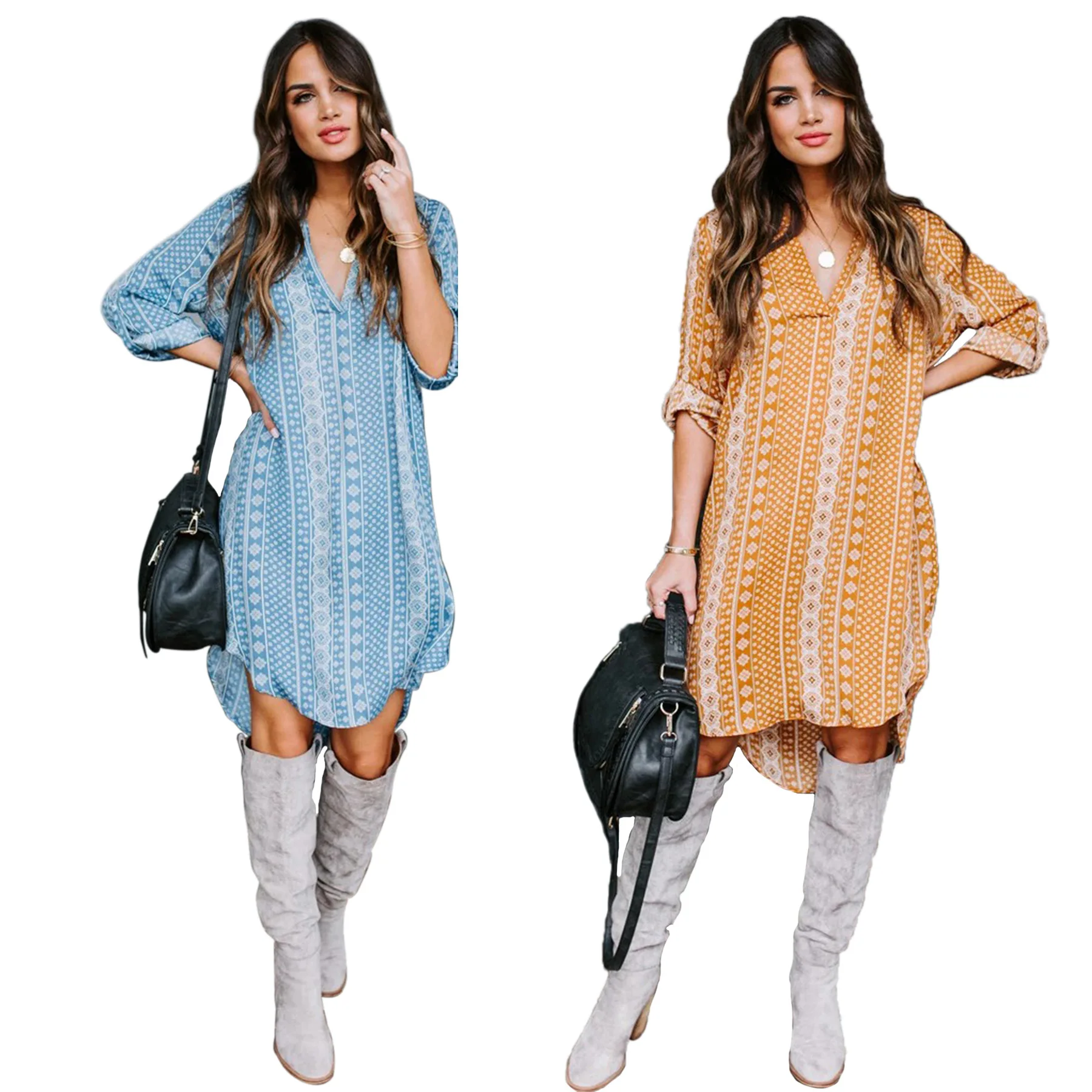 

Spring and Summer Women's Shirt Dress Long-Sleeved Irregular Floral Dress