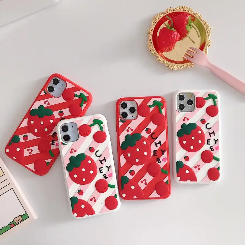 

Luxury 3D cute cartoon fruit Strawberry Soft Soft phone case for iphone 12 11 Pro Max X XR XS 6S 7 8 plus SE 2020 cover gift