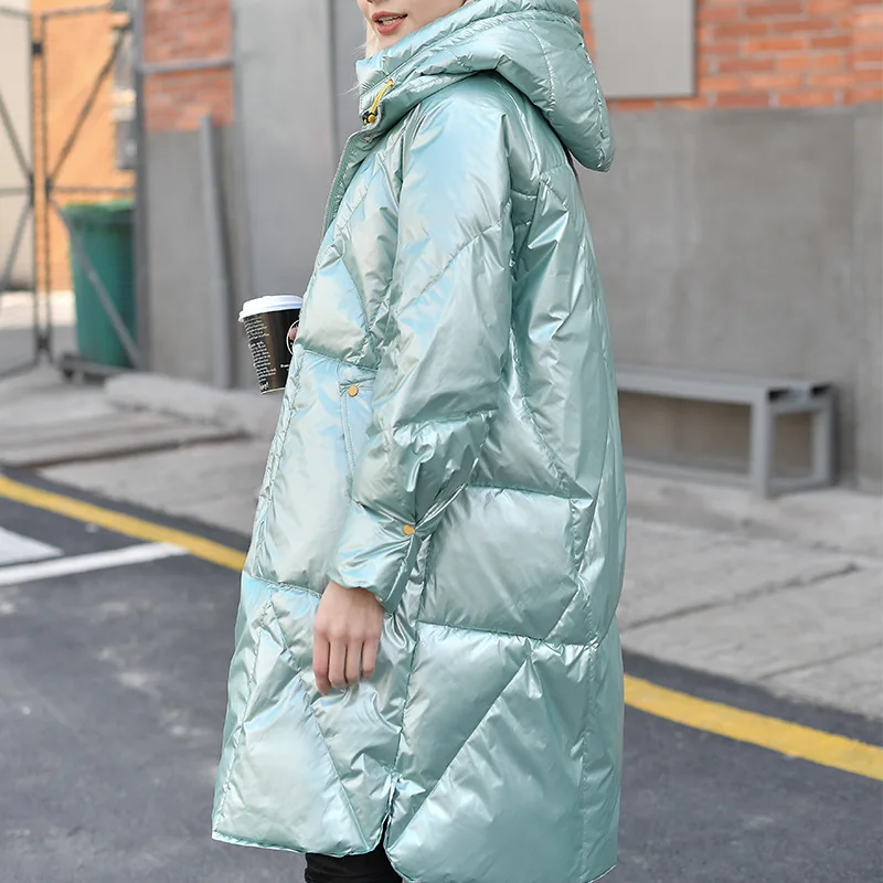 Winter bright face down jacket women's mid-length style 2021 new style white duck down fashion Korean style thick and thin coat