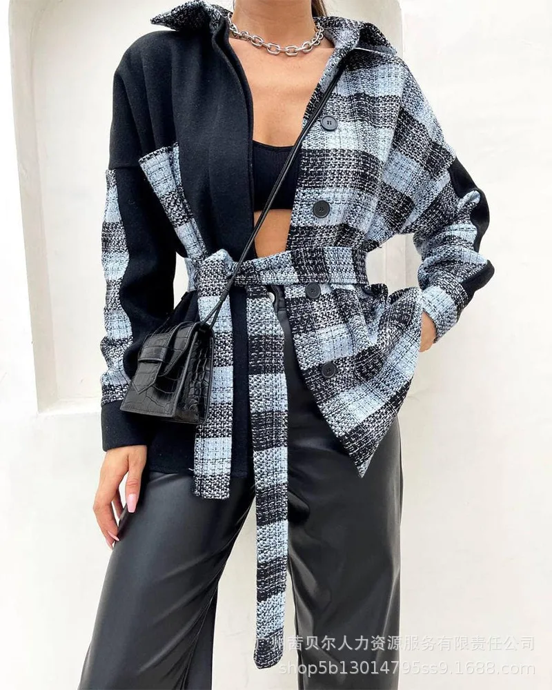 

Kalenmos Elegant Plaid Coat Women Lapel Winter Outerwear Long Sleeve Casual Coats Cardigan High Sexy Patchwork Korean Overcoat