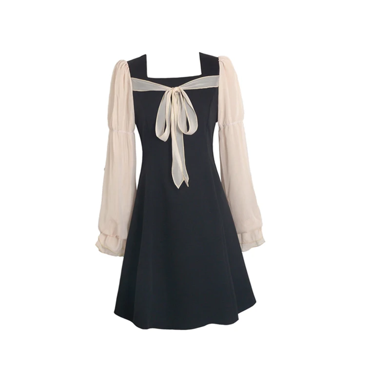 

Elegant Temperament Bow Square Neck Simple Mini Vestidos Spring Slim Waist Long Sleeve French Style Romantic Dress Sweet Robe