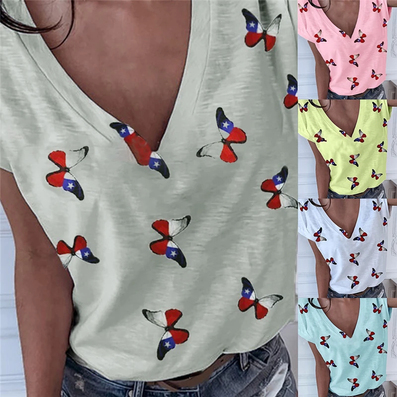 

Butterfly Print Short Sleeve Women T-Shirt Large Size XS-2XL Streetwear Casual V-Neck Tops Female Shirts 2020 New Summer T Shirt
