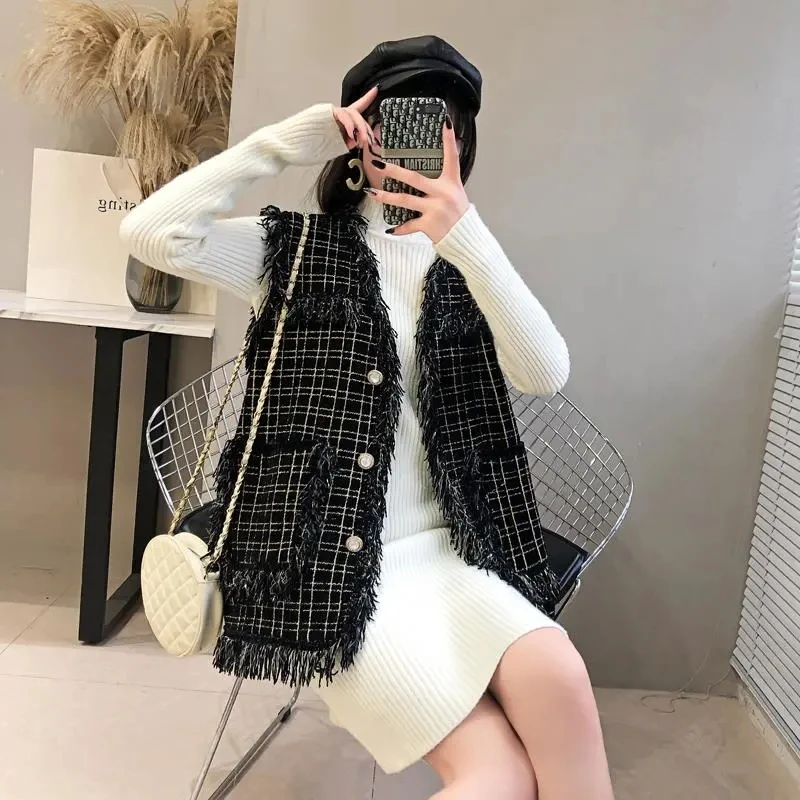 Женский вязаный кардиган без рукавов элегантный однобортный жилет с бахромой в