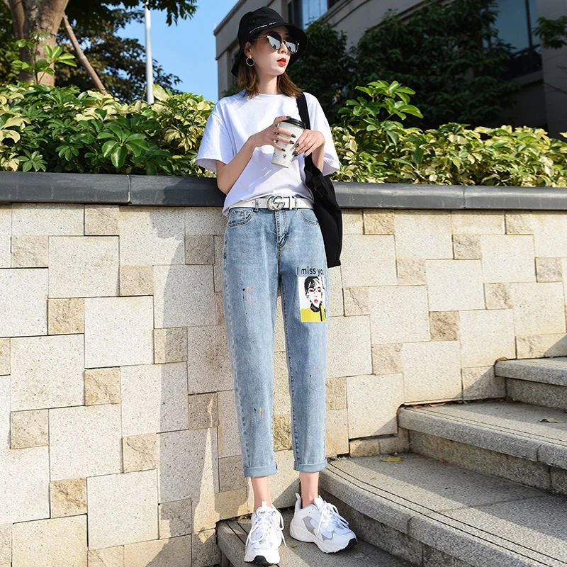 Новые весенние джинсы han edition свободные эластичные КУА-брюки с принтом для женщин