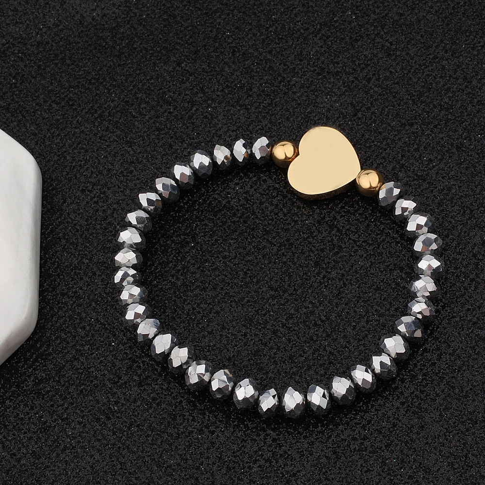 FINE4U B196 Stainless Steel Heart Charm Bracelet For Men Women Stretch Faceted Glass Beads Bracelets | Украшения и аксессуары