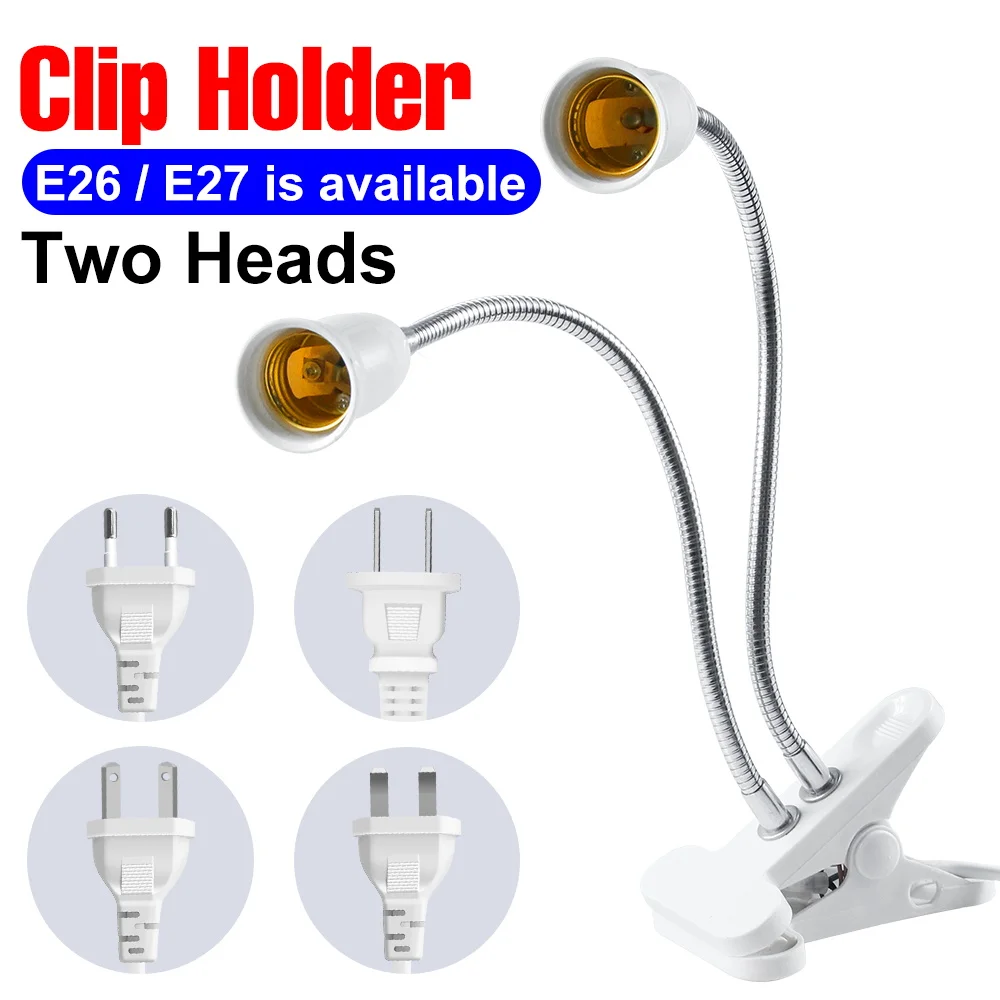 

E27 Desk Light LED Bulb Base 85-265V Two Heads Lamp Holder E26 LED Flexible Clip Bulb Socket Flame Retardant Lamp Socket Adapter