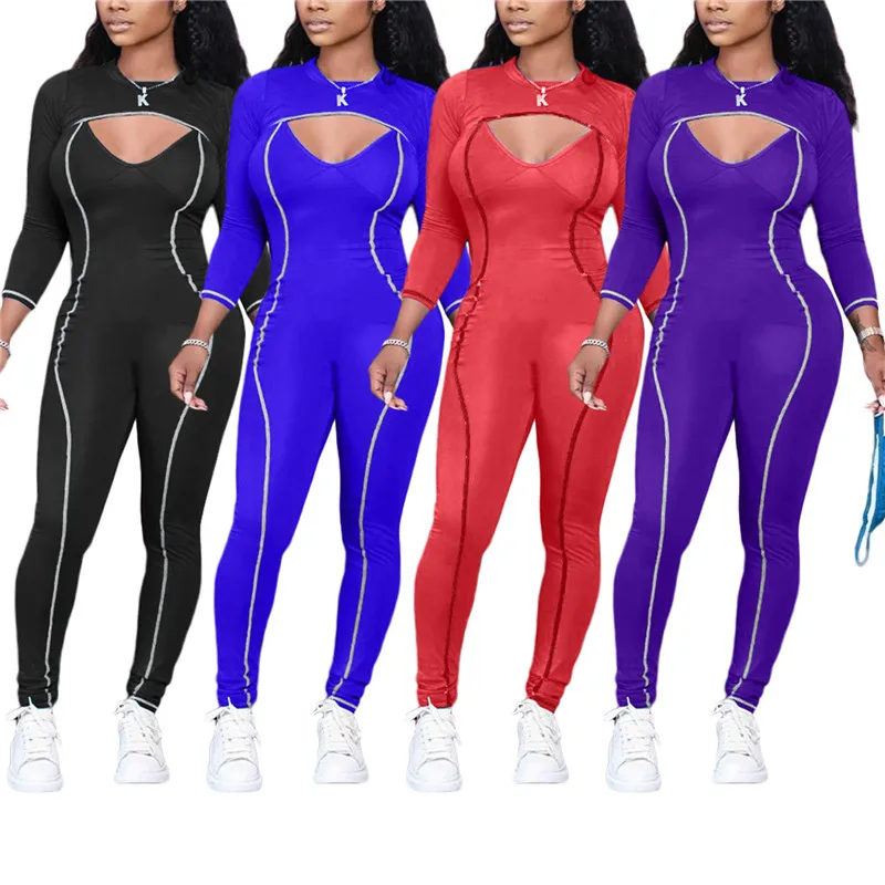 

Workout Active Wear Pure Color Rompers Women Jumpsuit Long Sleeve Fitness Clubwear Zipper Party Bodycon Sling Jumpsuits+Outwear