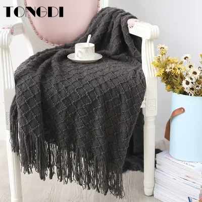 TONGDI/мягкое теплое клетчатое кружевное вязаное шерстяное одеяло с бахромой