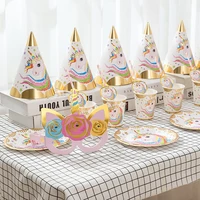 36pcs gold unicorn kids birthday set paper plate cup straw hot stamping party supplies party wedding happy birthday decorations