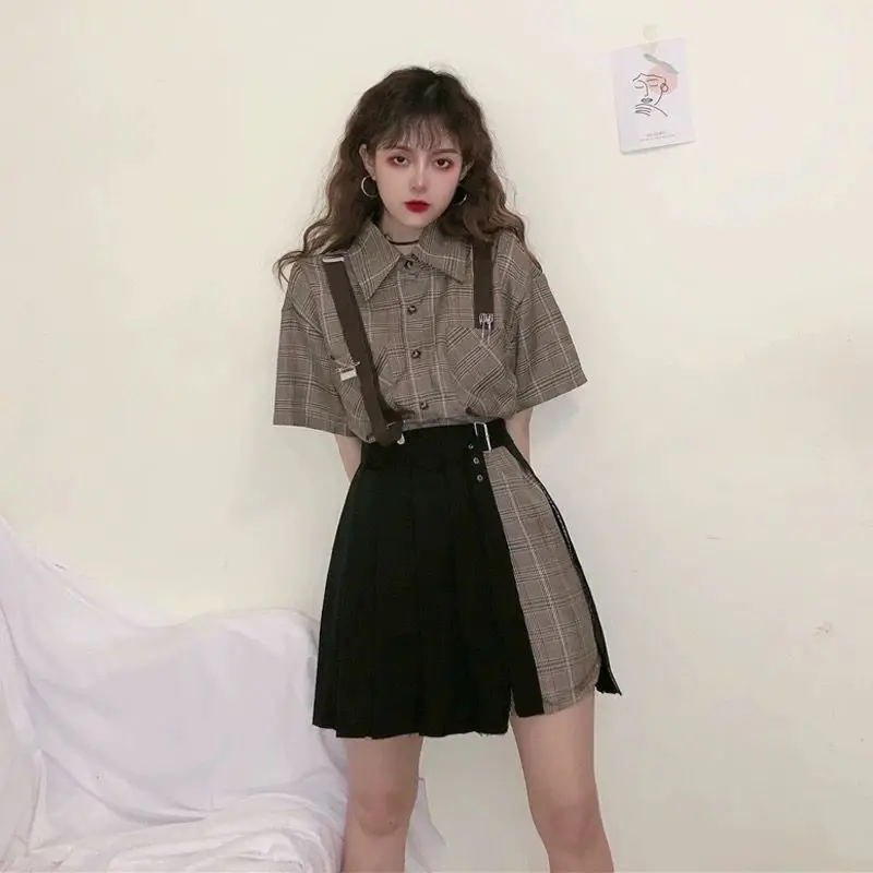 Preppy style suspender skirt suit women sets summer 2021 Korean fashion plaid shirt + pleated A-line thin two-piece |