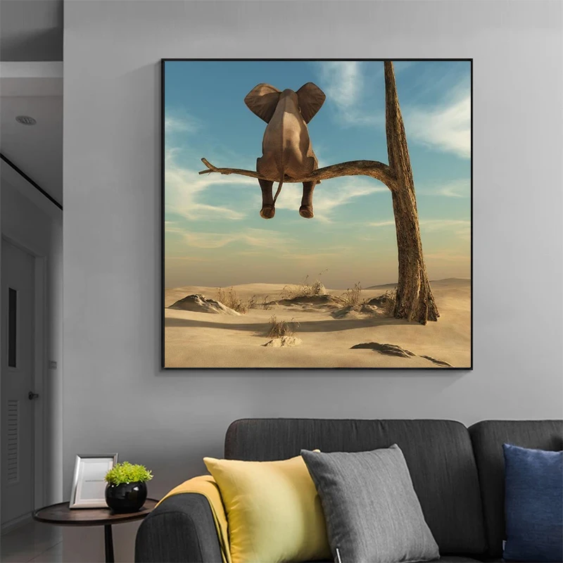 

Modern Funny Art Animal Canvas Painting Elephant Sitting on a Branch Poster and Printmaking Surrealism Print Picture Cuadros