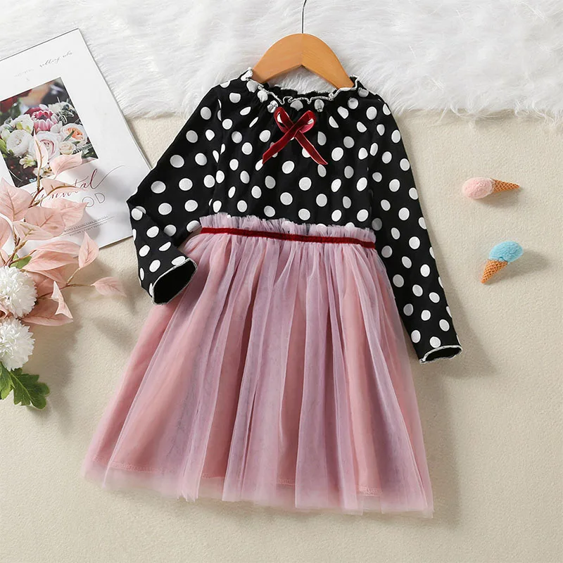 

Детское платье в горошек, с длинным рукавом и бантом