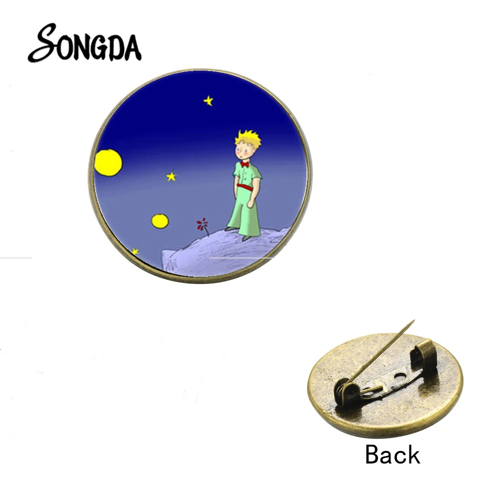 

Prince and Fox Glass Brooch Little Boy Literary Cartoon Style Figure Moon Image Bronze Color Pins Badge Children's Gift