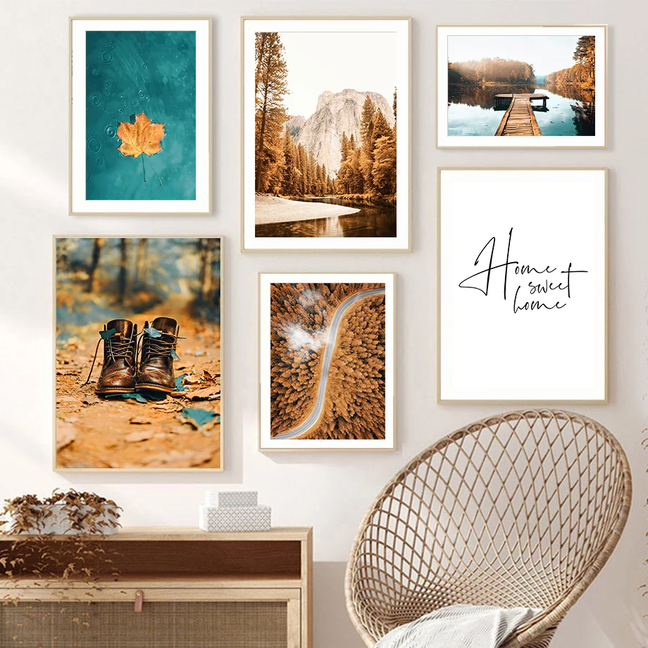 Картина на холсте скандинавский осенний лес озеро Jetty Boot пейзаж плакаты принты