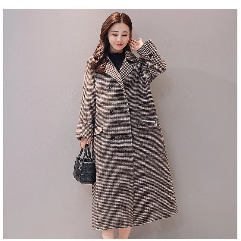 Клетчатое пальто женские длинные шерстяные зимние куртки Женская Туника 2020