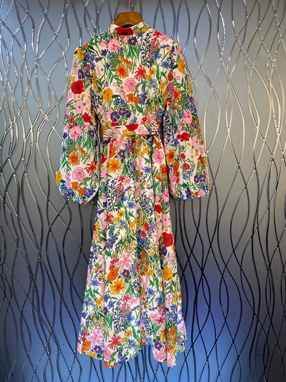 

2021 spring new women's round neck flower pattern color matching lace up waist lantern long sleeve dress 304