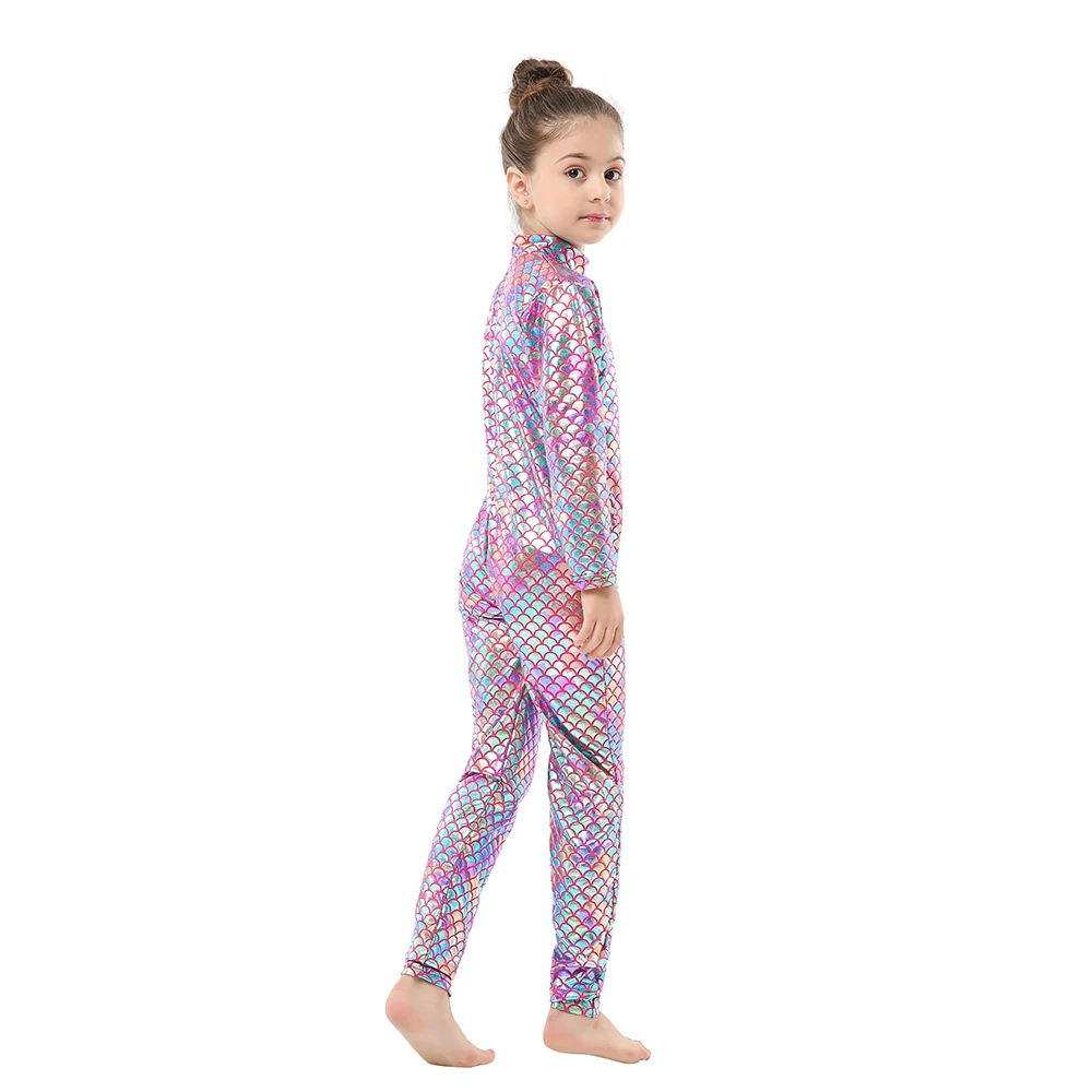 Girls Beauty Fish Skin Cosplay Costume Kids Mermaid Clothes Metallic Faux Leather Rainbow Sequin Baby One Piece Jumpsuit | Тематическая