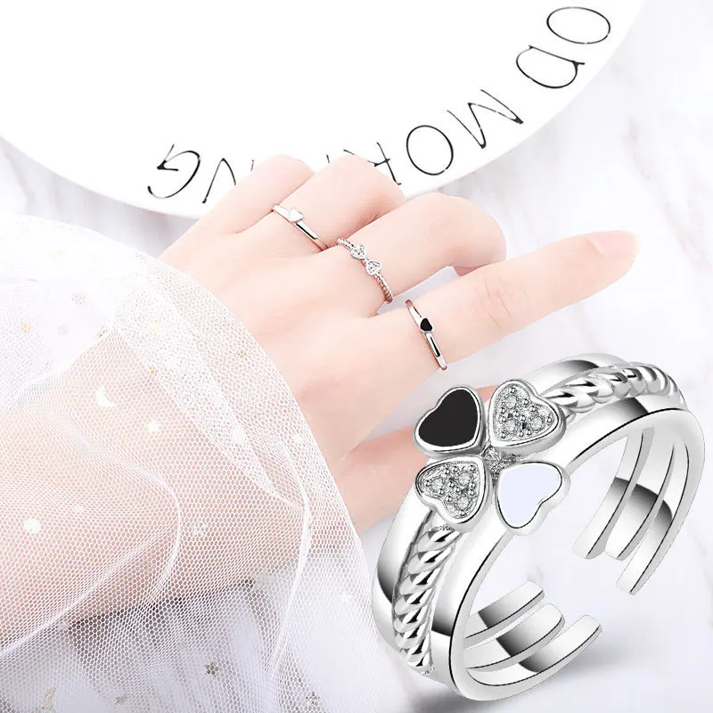 

Wonderlife Elegant Four Leaf Clover Ring 3-in-1 Combination Detachable Rings Sets Adjustable Size Wedding Jewelry