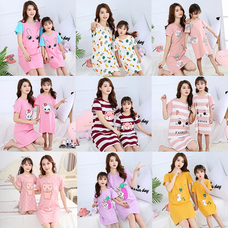 Mother Kids Pajamas Family Matching Clothes Mom Daughter Nightgowns Summer Cotton Night Dress Girls Women Nightwear Sleepshirts | Мать и
