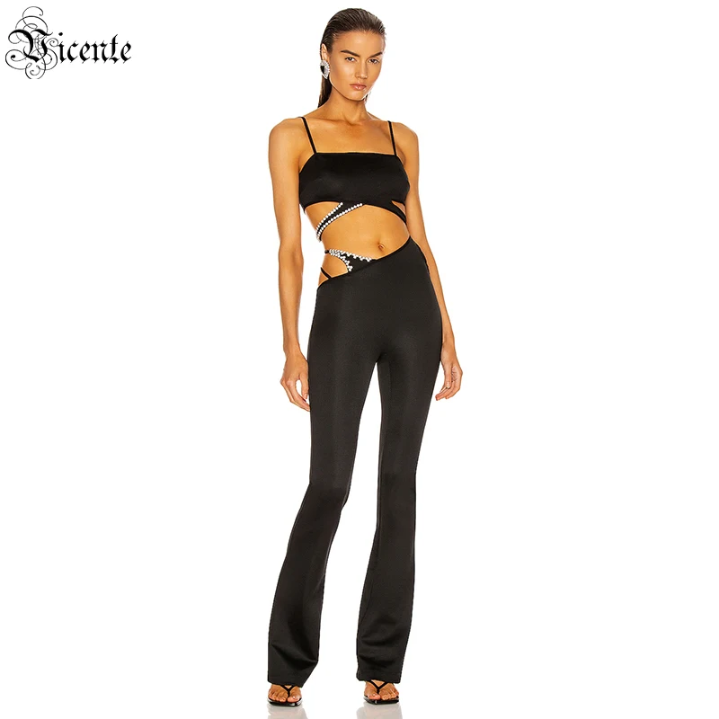 VC Diamond-studded Jumpsuit Women Waist Hollow Sleeveless Square Neck Black Suspender Short Top Straight Trousers