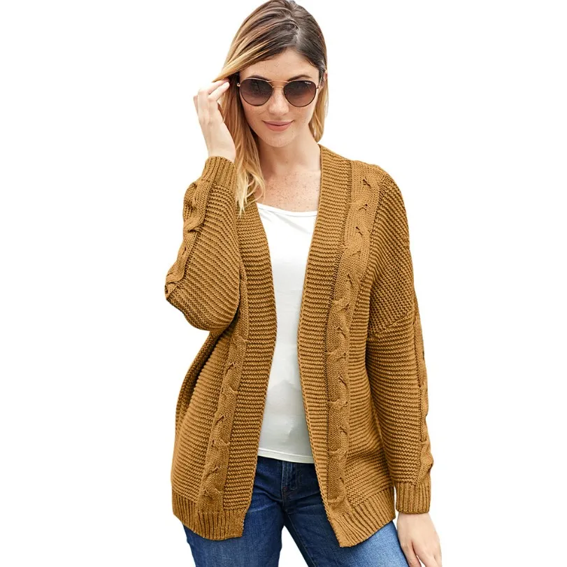 

Autumn Winter Women's Mid-length Sweater Female Casual New Long-Sleeved Cardigan Knitted Coat Lady Solid Color Thick Sweater