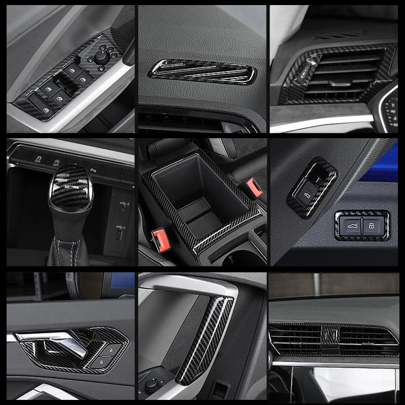 

Carbon Fiber Look Accessories Interior Kit For Audi Q3 F3 2019 - 2021 Pillar A Speaker / Lift Button / Air AC / Gear Cover Trim