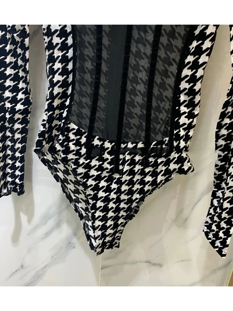 

Catwalk sexy tube top stitching fish bone perspective tight waist waist houndstooth one-piece ladies new autumn all-match