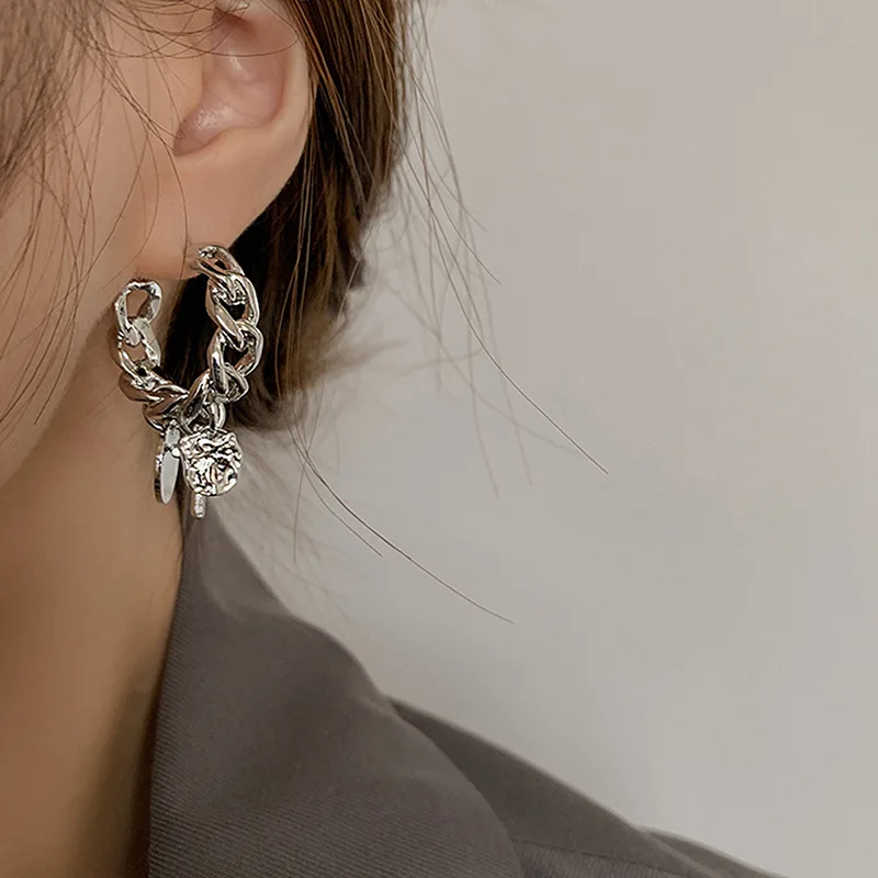 

LByzHan 925 Sterling Sliver Twisted Chain Hoop Earrings For Women Silver Color Cross Circle Pendant Earrings