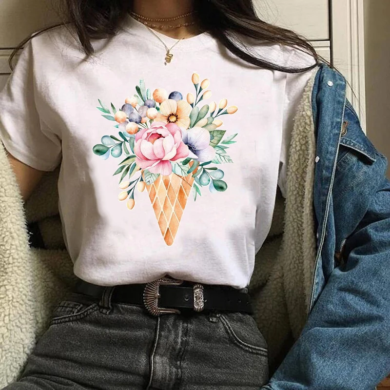 

Women Clothes Lady Graphic Watercolor Ice Cream Beach Holiday Flower Floral Print Tees Tops Female T Shirt Womens T-shirt