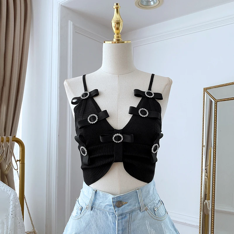 Sexy Bow Light Diamond Camisole for Women New Summer Fashion Short Sling Elastic Slim Fit Slimming Knitted Vest Solid Colour Top