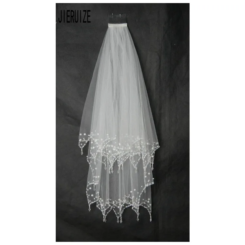 

JIERUIZE Bling Beaded Wedding Veils Short Bridal Veil With Pearls for Bride Tulle Veu de Noiva
