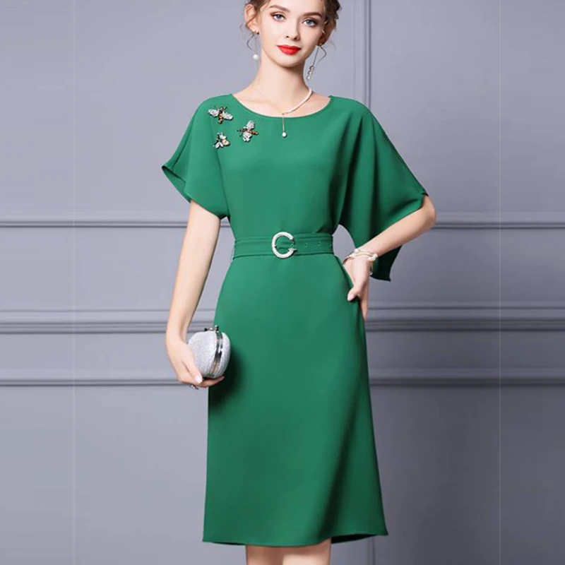 

2021 Summer Fashion Designer Dress Women Green Beading Luxury High Quality Elegant Slim Party Dresses