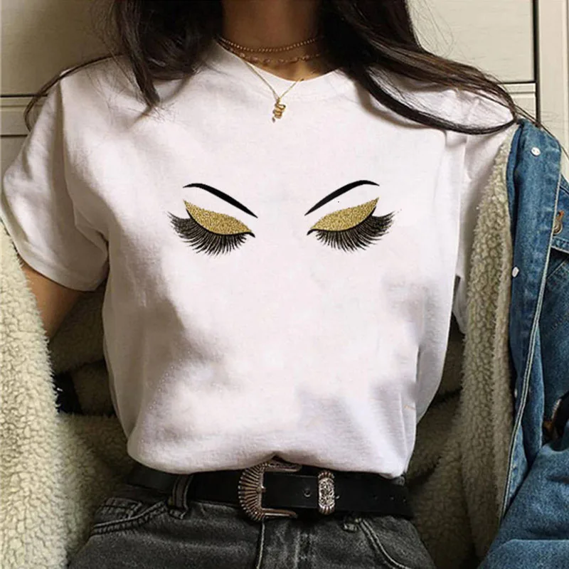 

Women Beauty Kawaii Tshirt Streetwear Female Summer Tops Tee Women Tee Drop shipp 90's Makeup Art Eyelashes Print Vogue T Shirt