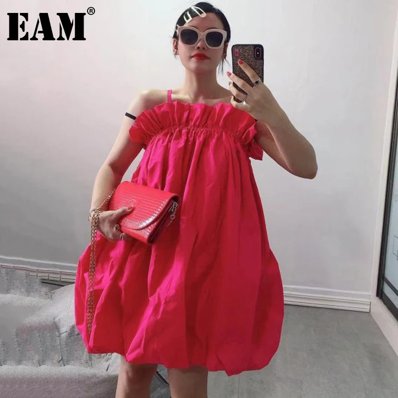 

[EAM] Women Rose Red Pleated Elegant Ball Gown Dress New Slash Neck Sleeveless Loose Fit Fashion Tide Spring Summer 2021 1DE1025