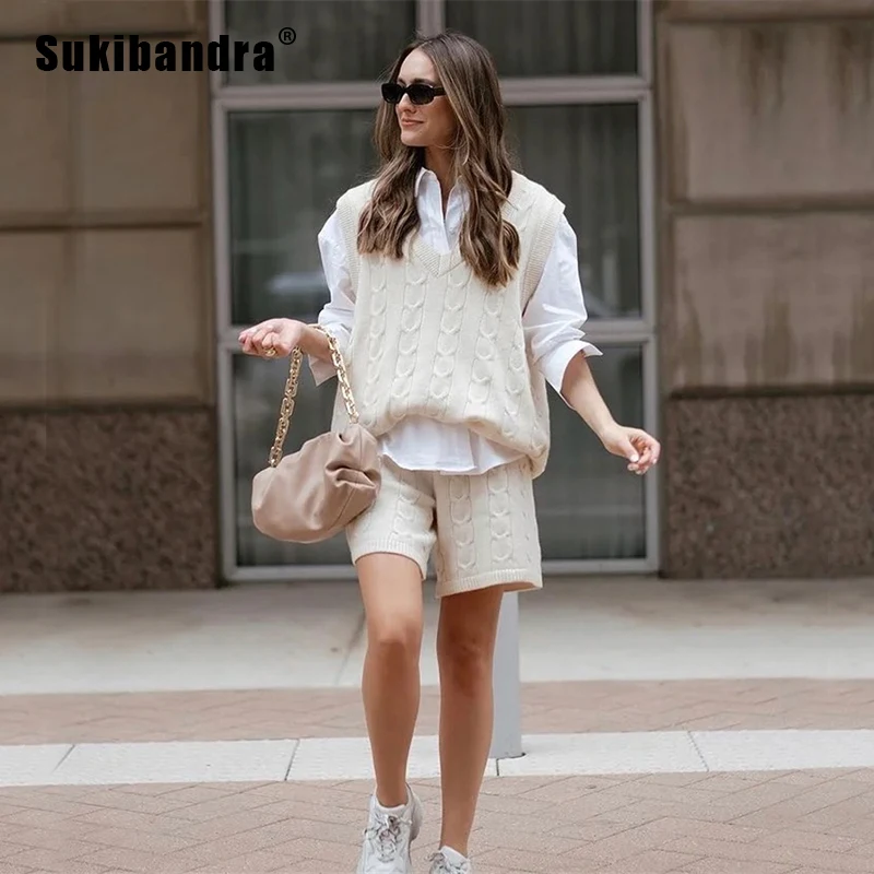 

Sukibandra 2020 Autumn Casual Two 2 Piece Set Fall Clothes for Women High Street Apricot Knitted Sweater Vest and Shorts Suit