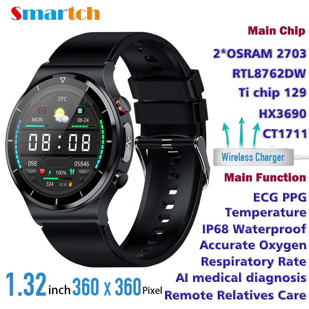 Ti Chip ECG Smart Watch Wireless Charging 1.32 Inches 360*360 Cycle Round Display Body Temperature Thermometer Spo2 Smartwatch |