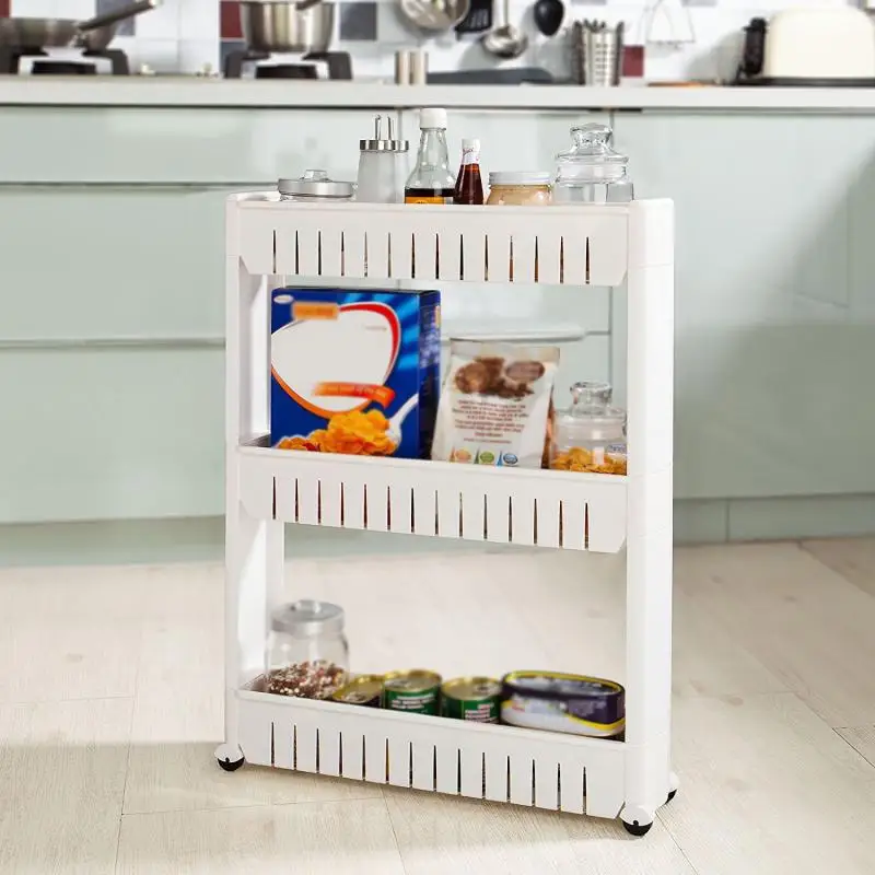 

3 Layers Movable Kitchen Shelf Storage Organizer Rack Bathroom Shelf Metal Rolling Trolley Cart Basket Stand With Wheels HWC