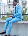 Светильник-голубые приталенные мужские костюмы, мужские костюмы, свадебные смокинги для жениха с лацканами с вырезом, мужские облегающие костюмы, 2 предмета, куртка + брюки