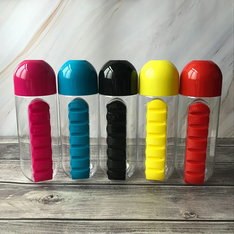 

600ML Plastic Water Bottle With Daily Pill Box Organizer Drinking Bottles Portable Leak-Proof Bottle Tumbler Outdoor Sport Tour