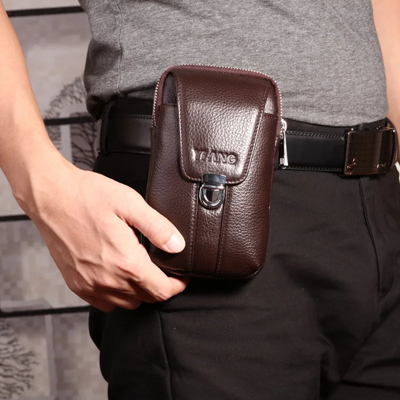 Мужская поясная сумка из натуральной кожи кошельки на двойной молнии с замком