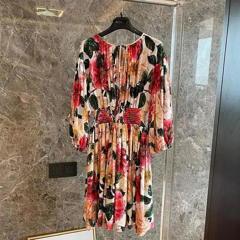 

Women Fashion A-line Colorful Flower Print Long Sleeve Knee Length Dresses High Quality Silk