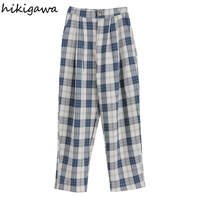 

Hikigawa Vintage Pant for Women Plaid High Waist Straight Pantalon Femme Loose Pocket Harajuku Trousers Fashion Mujer Pantalones